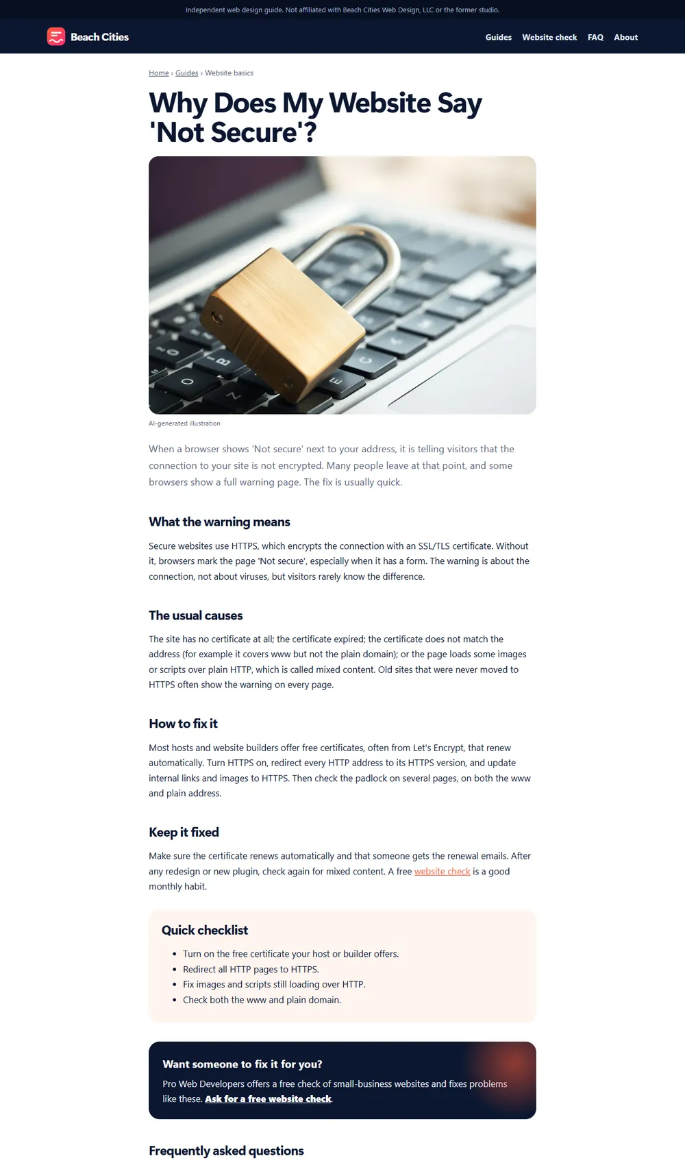A Beach Cities guide page on a laptop